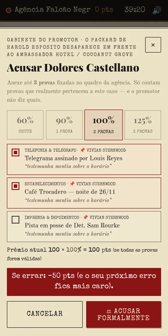 Tela de acusação com provas